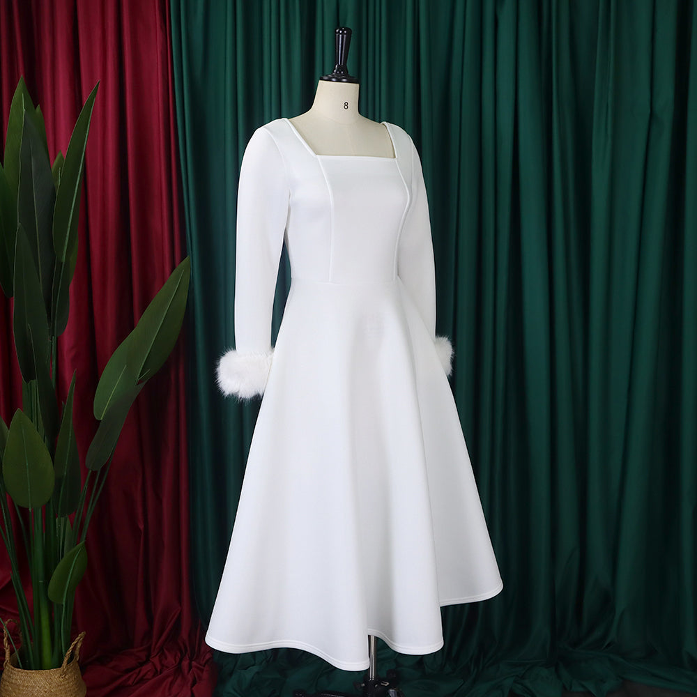 Winter Chic Elegant Fur Decorated Long Sleeve A-Line African Party Dress 33