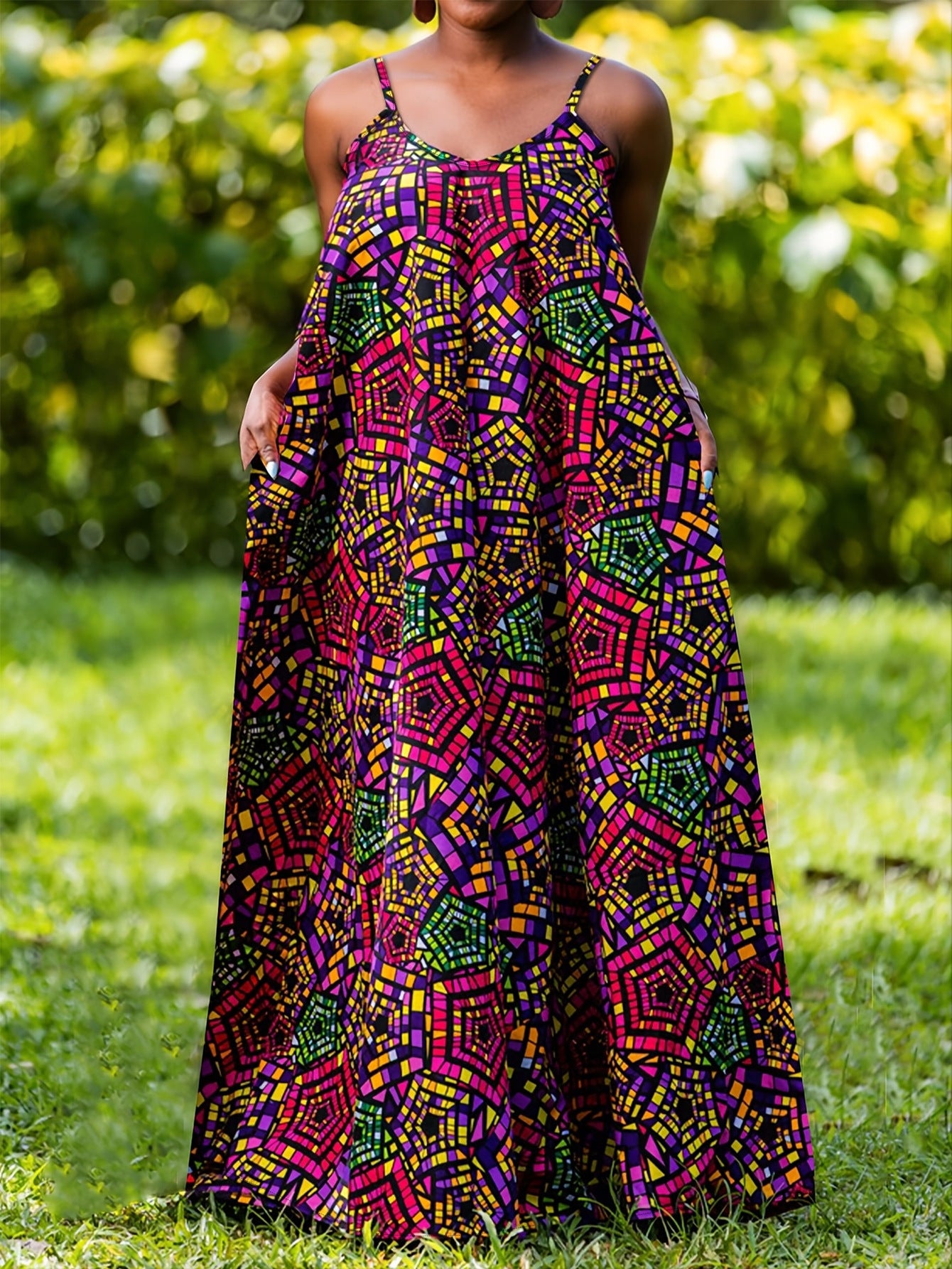 Plus Size Women Elegant Suspender Print Dress 4