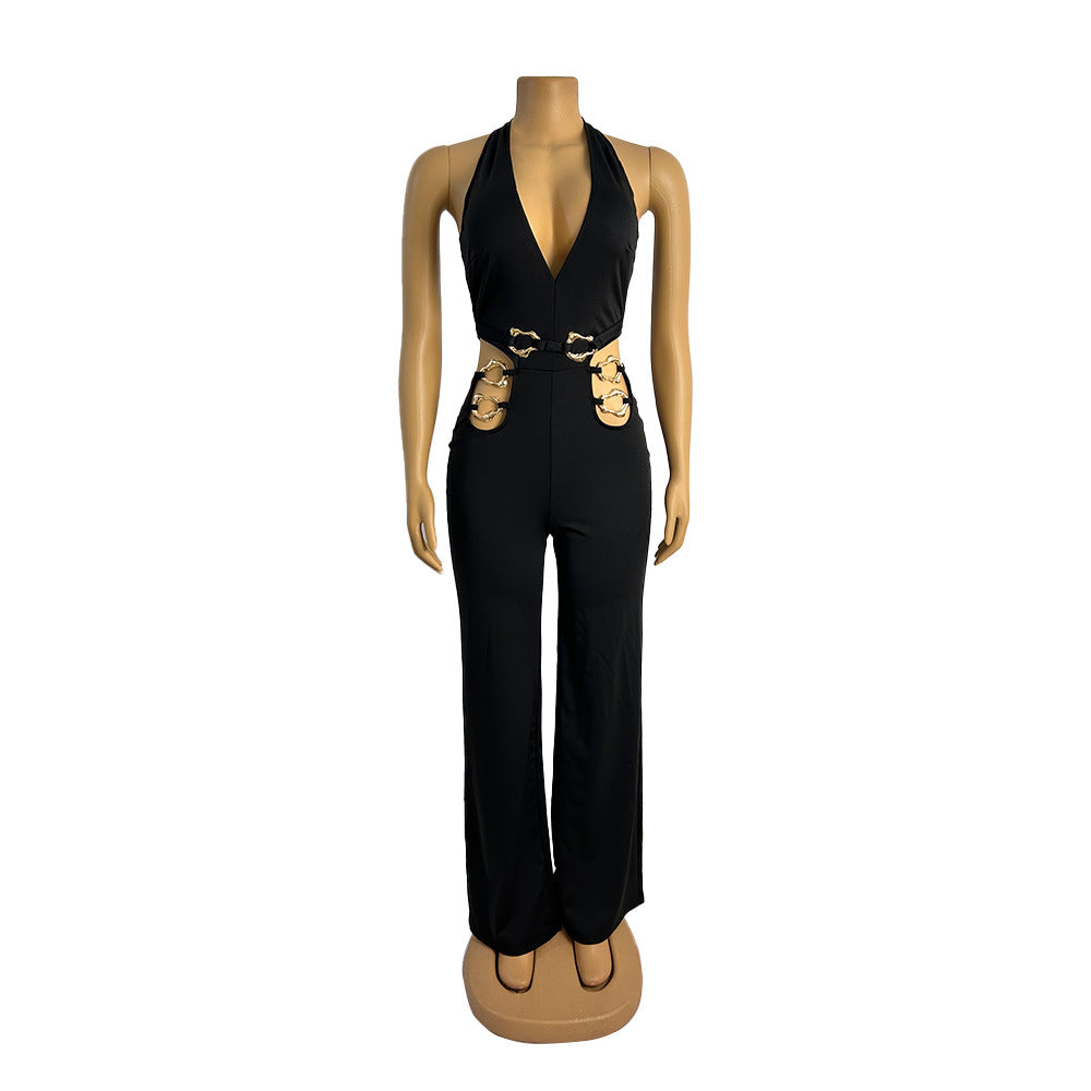 Women V Neck hollow metal buckle jumpsuit 7