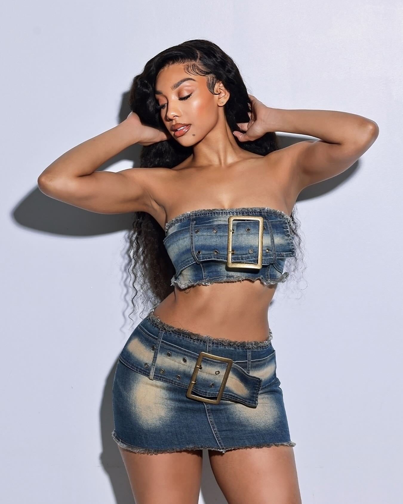 Summer Strapless Belt Elastic Denim Skirt Set