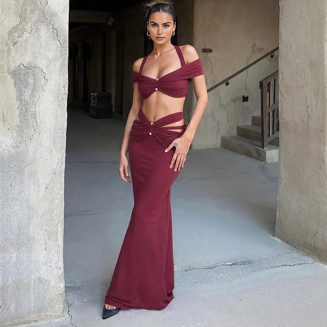 Women's Summer Sexy Halter Neck Off Shoulder Crop Top & Slim Fit Skirt Set 3