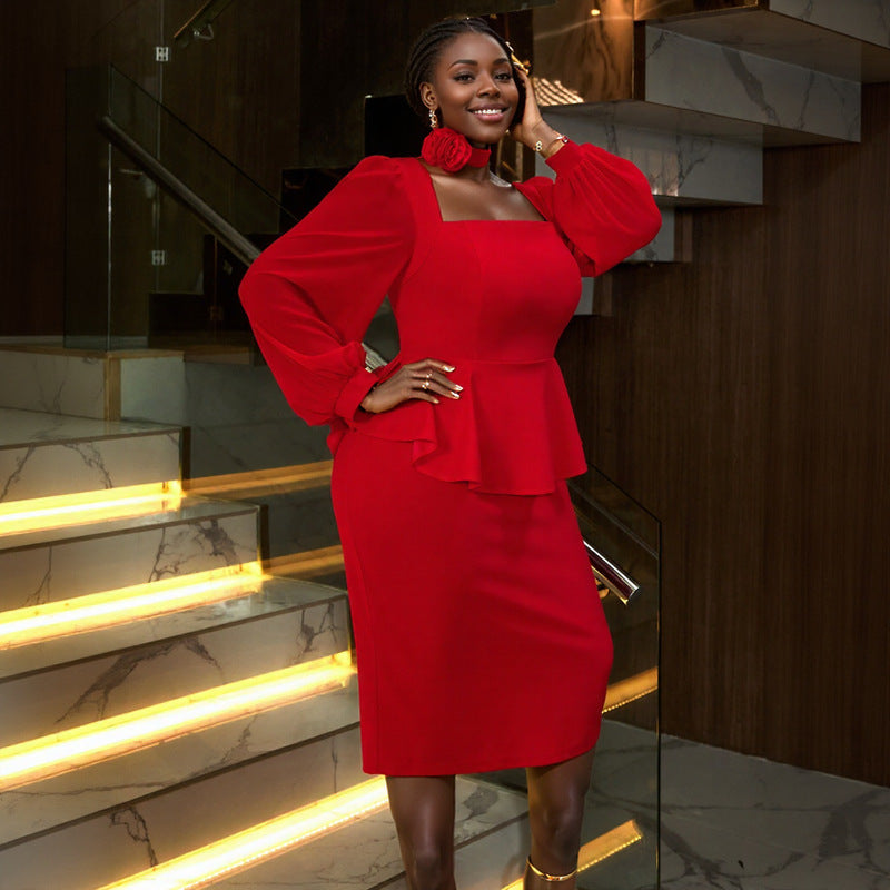 Women Elegant Party Square Neck Lantern Sleeve Ruffle Dress 3