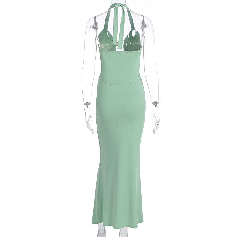 Women's Summer Sexy Solid Color Lace-up Halter Low-Back Metal Decoration Two Piece Skirt Set 7