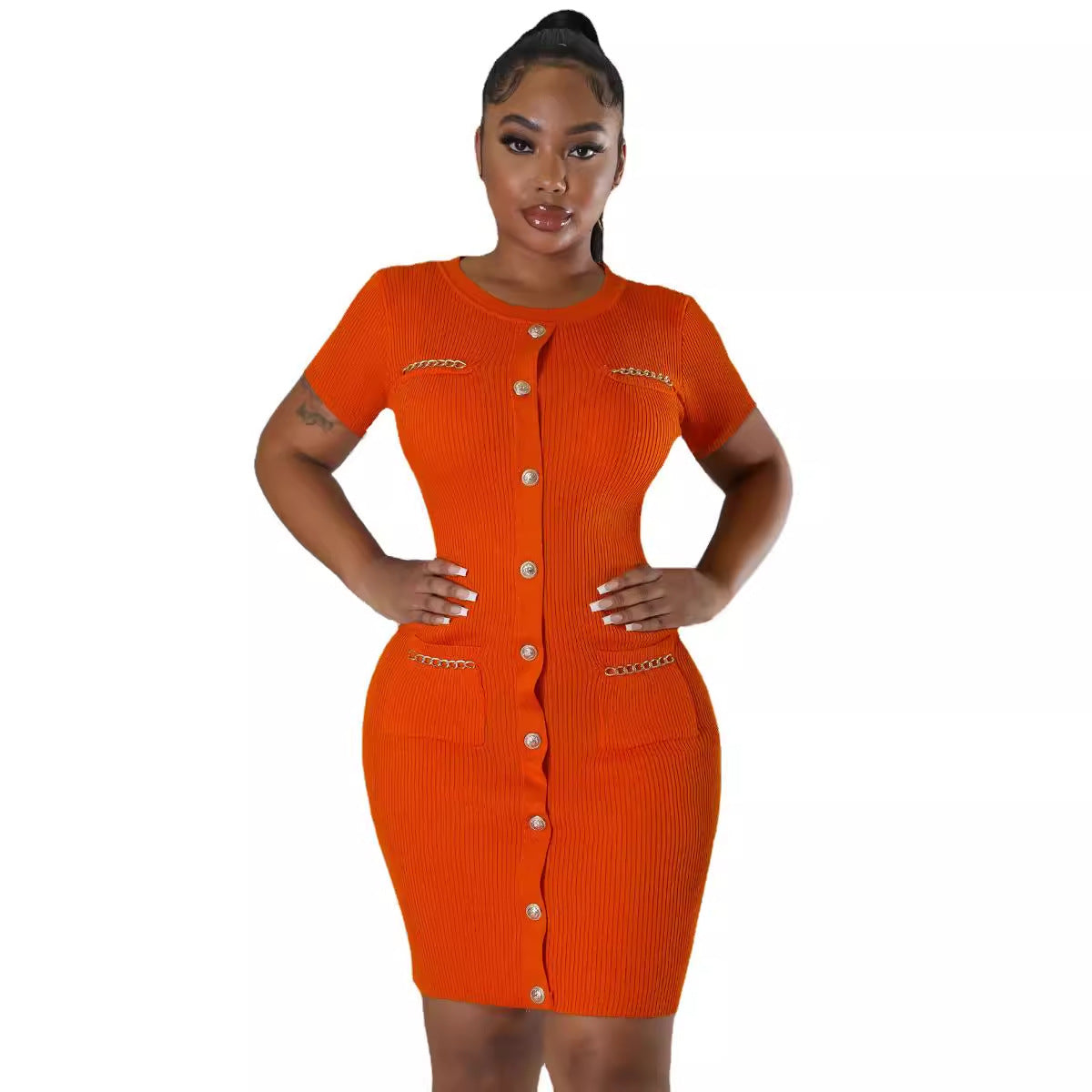 Women Round Neck Knitting Short Sleeve Dress 7