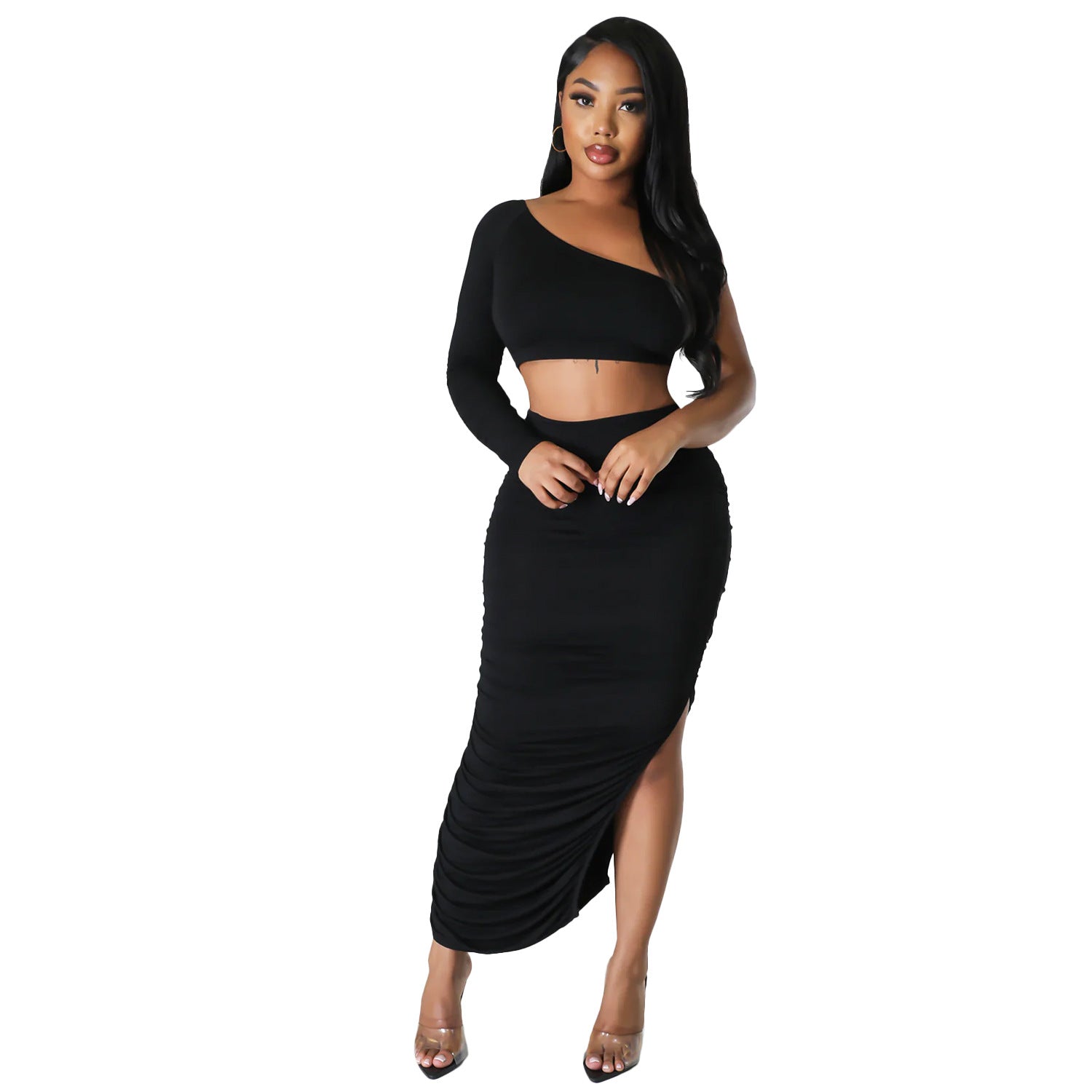 Summer One Shoulder Long Sleeve Women's Sexy Tight Fitting Ruched Irregular Two-Piece Skirt Set 10