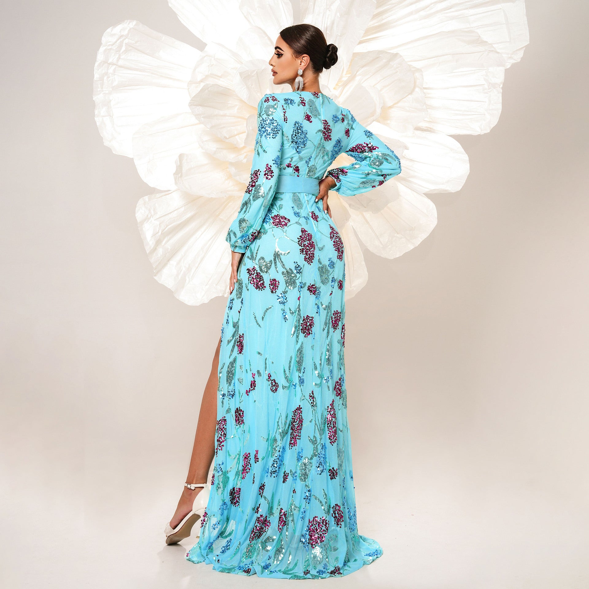 Women Sexy Sequin Long Sleeve V-Neck Formal Party Maxi Evening Dress 4