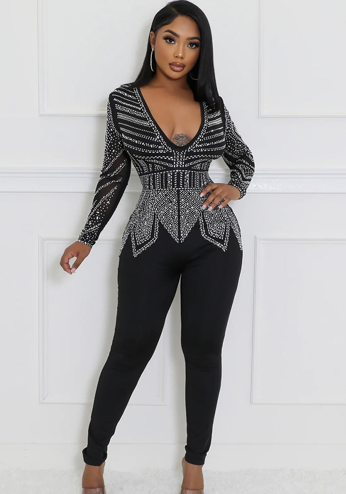 Women Solid V Neck Beaded Long Sleeve Jumpsuit