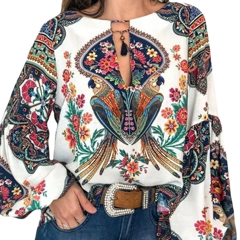 Women Style Women Printed Round Neck Balloon Sleeve Shirt 9
