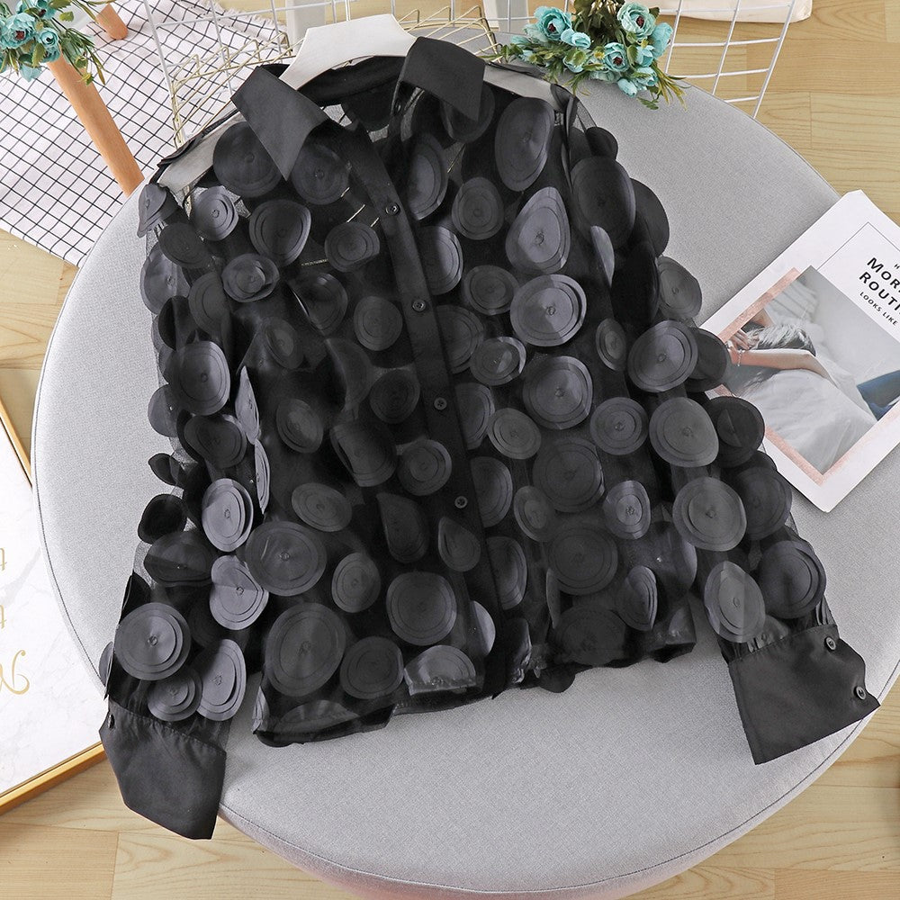 French Palace Style Flower Stage Dress Ladies Chiffon Shirt Hollow Lantern Sleeve Trendy Mesh Shirt Women 12