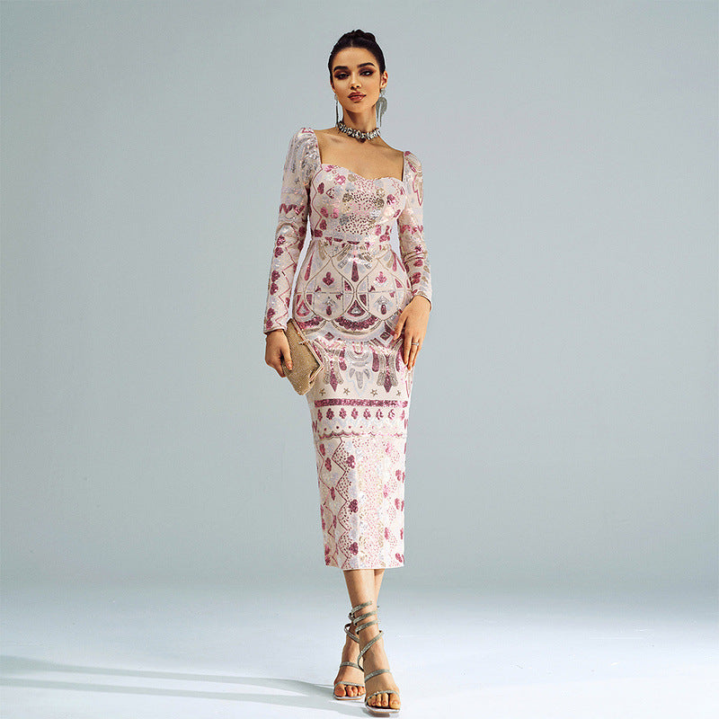 Long Sleeve Chic Square Neck Sexy Maxi Sequin Formal Party Evening Dress Bridesmaid Dress 10