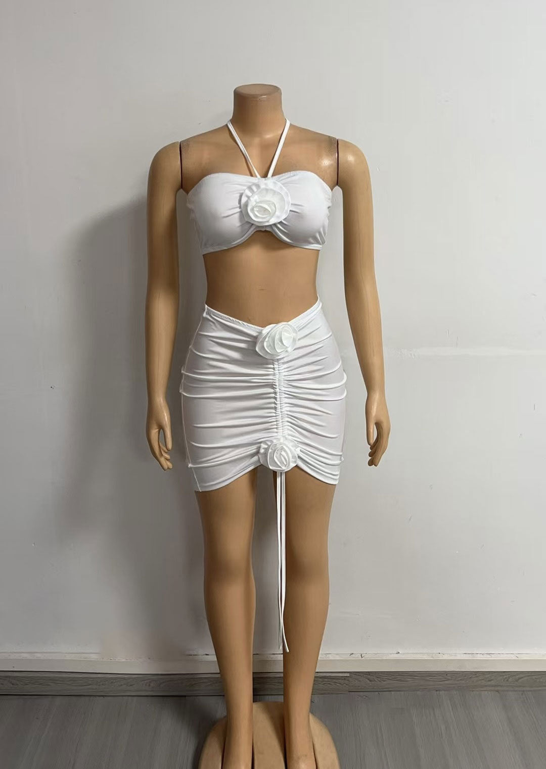 Women solid flower Halter Neck Strapless Top and Skirt two-piece set 10