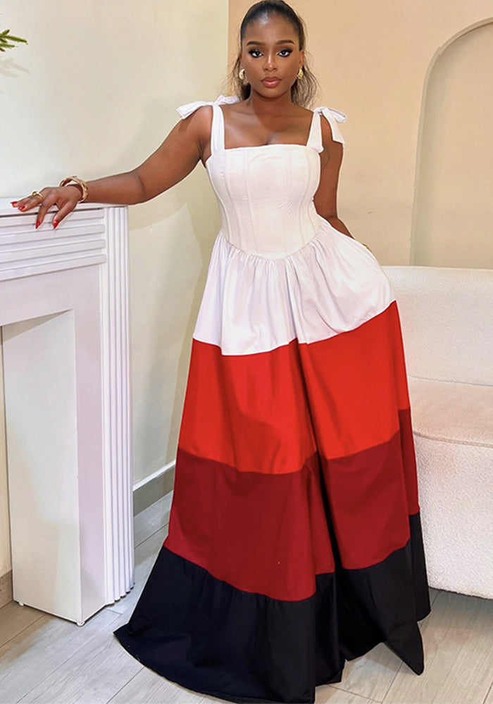 Women Spring Bow Suspender Color Block Dress