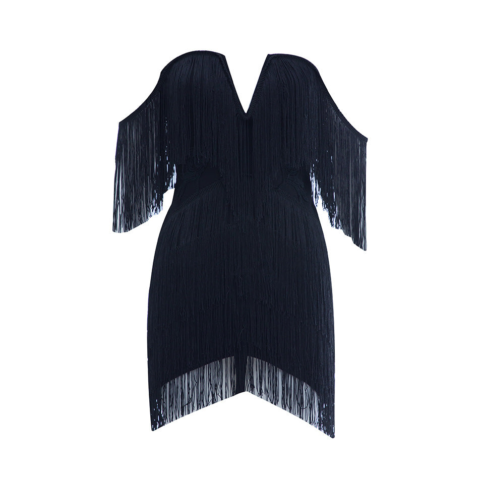 Women's Summer V-Neck Open Back Off Shoulder Tassel Mini Bodycon Dress 8