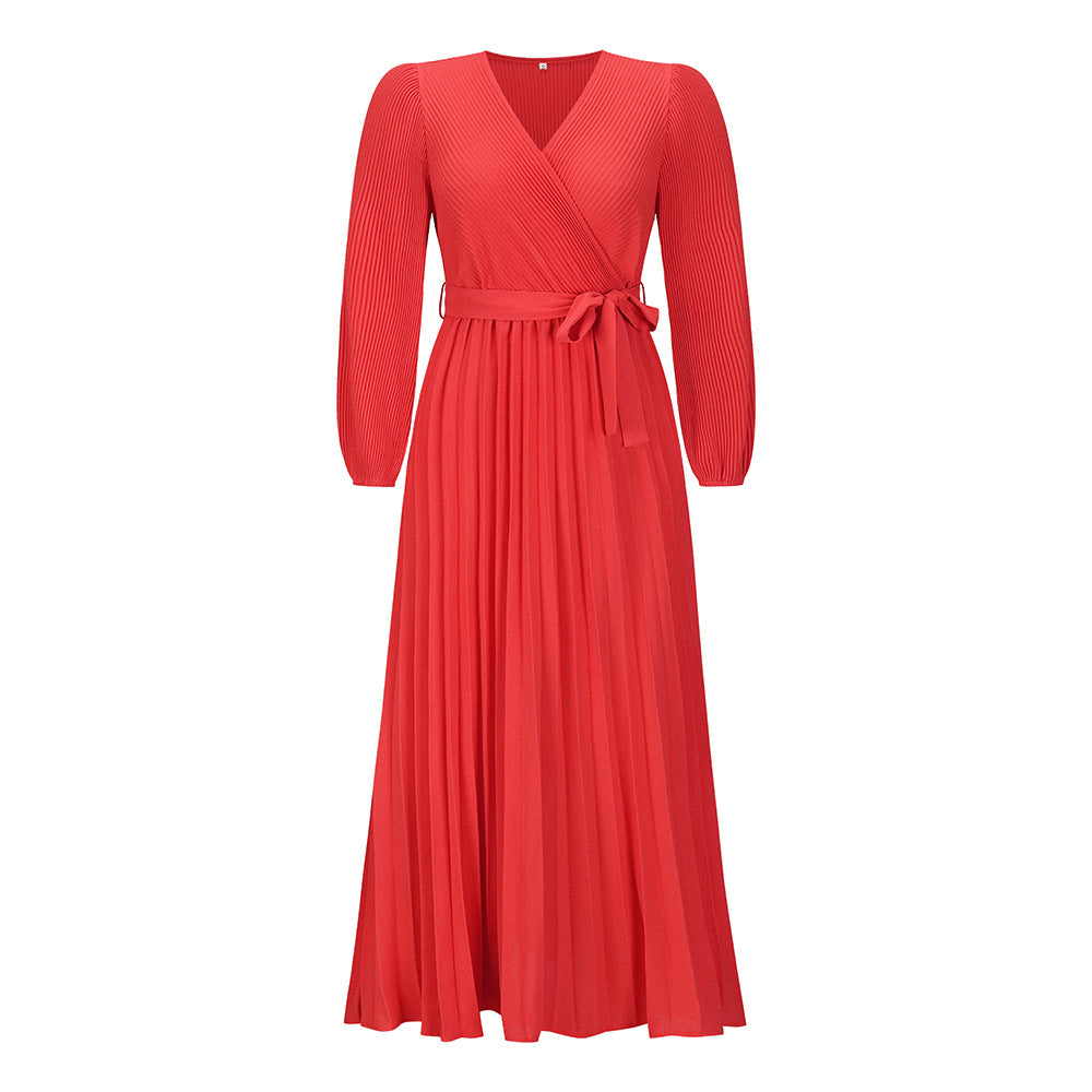 Women Autumn V-Neck Long Sleeve Pleated Maxi Dress 7
