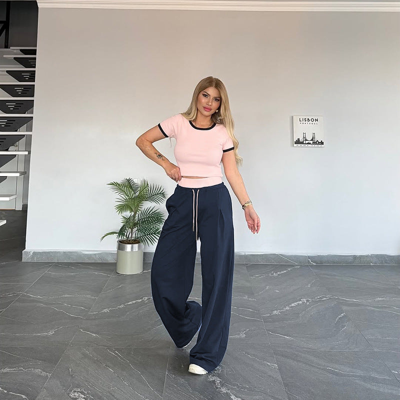 Women's Summer Color-Blocked Round Neck Short Sleeve Casual Pants Set 3