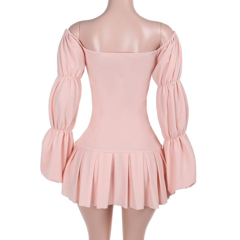 Women autumn sexy Off Shoulder lantern sleeve pleated dress 8