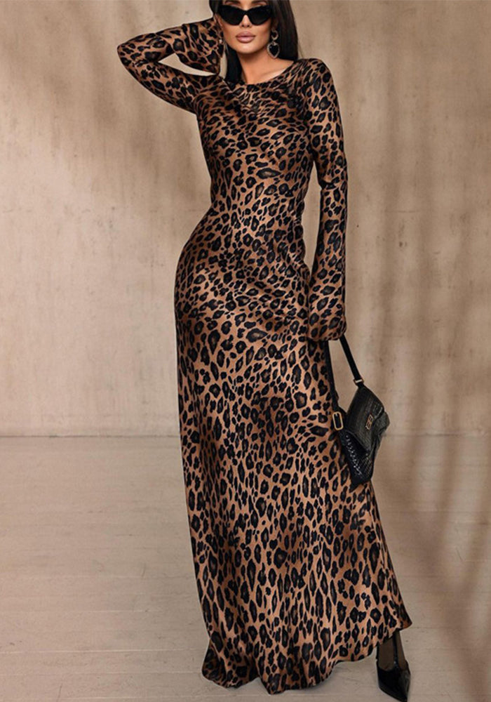 Round Neck Sexy Long Autumn Leopard Print High Waist Slim Dress