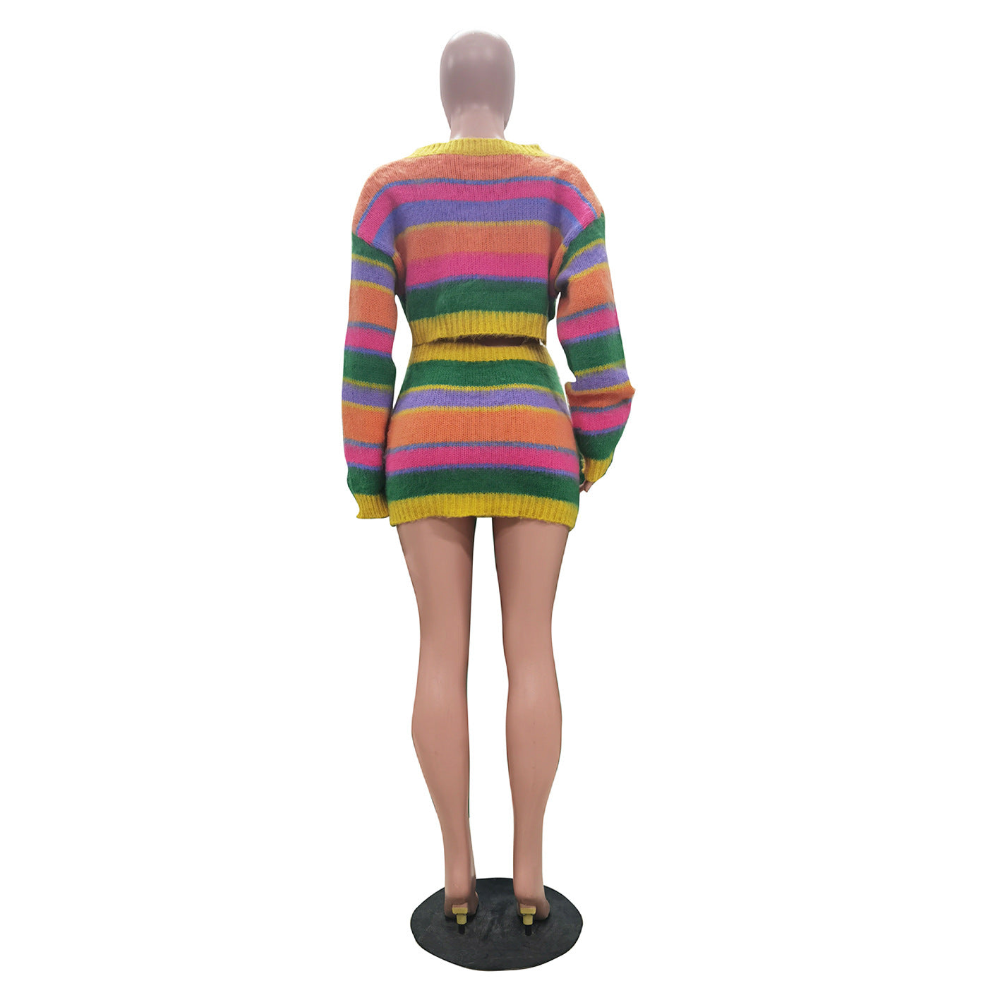 Women casual striped knitting two-piece top and skirt 8