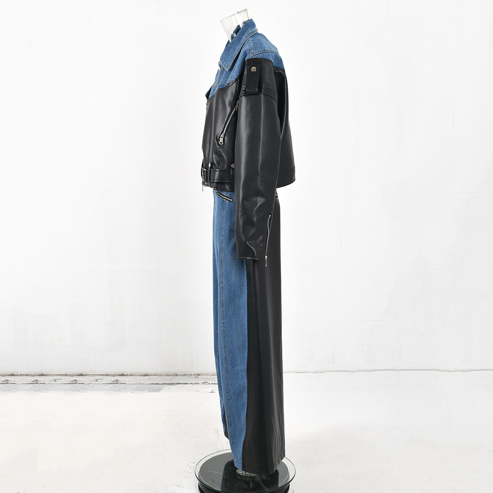 Autumn And Winter New Denim Patchwork Pu Jacket + Super Wide-Leg Pants Two-Piece Set