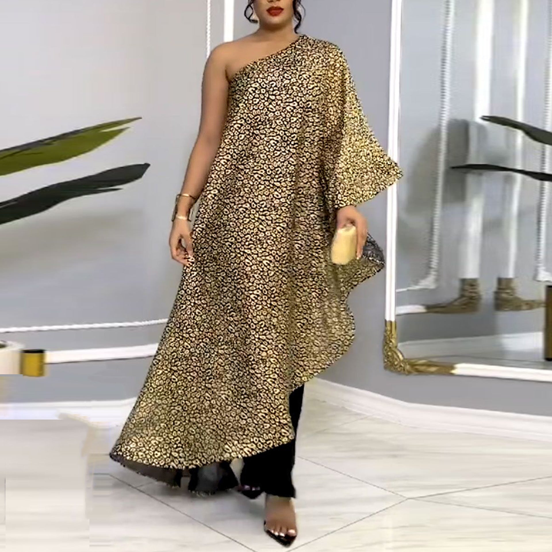 Women Sexy Shiny Slash Shoulder Patchwork Stretch Jumpsuit 3