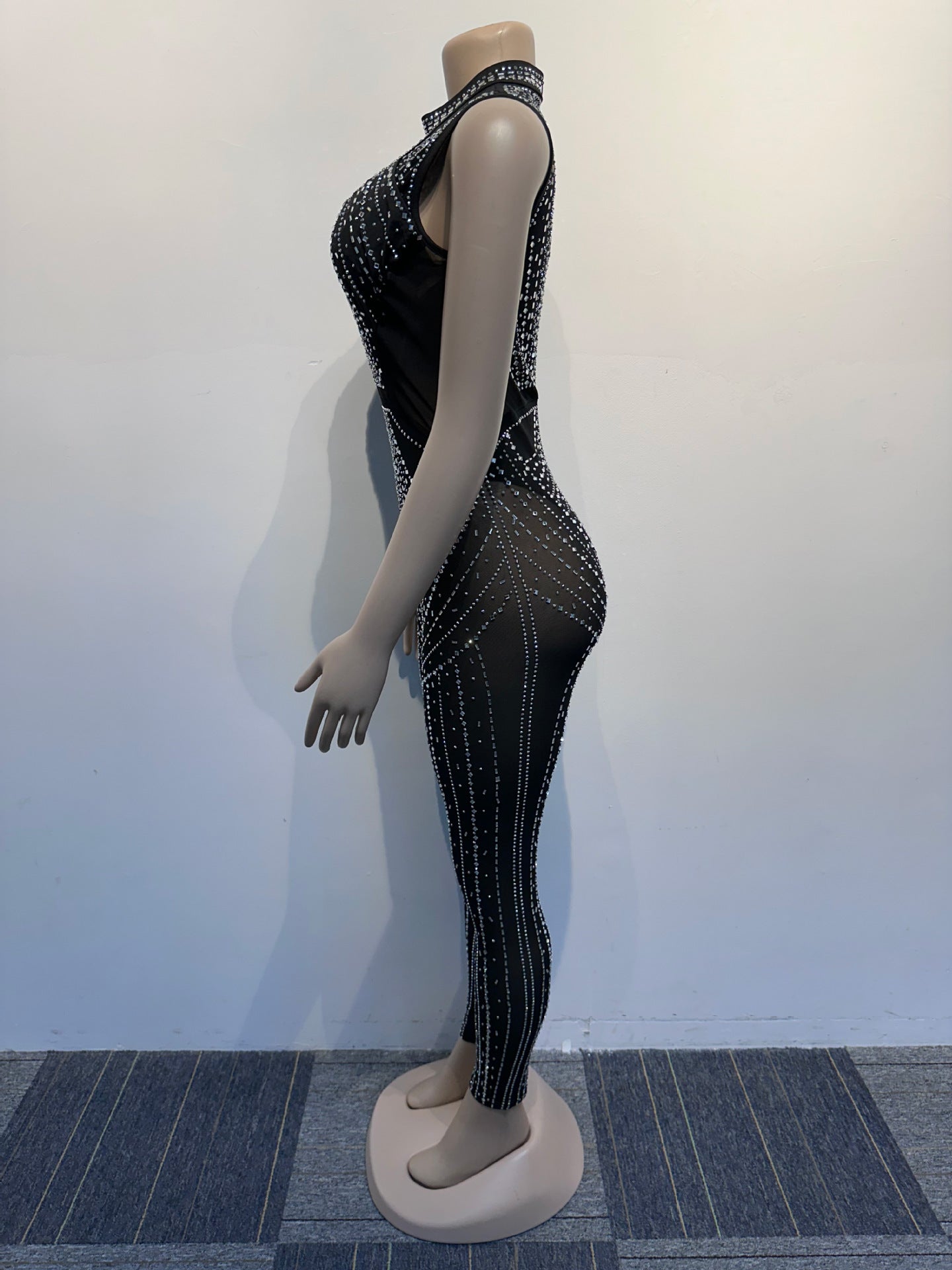 Women Sexy Beaded See-Through Bodycon Stretch Sleeveless Jumpsuit 10