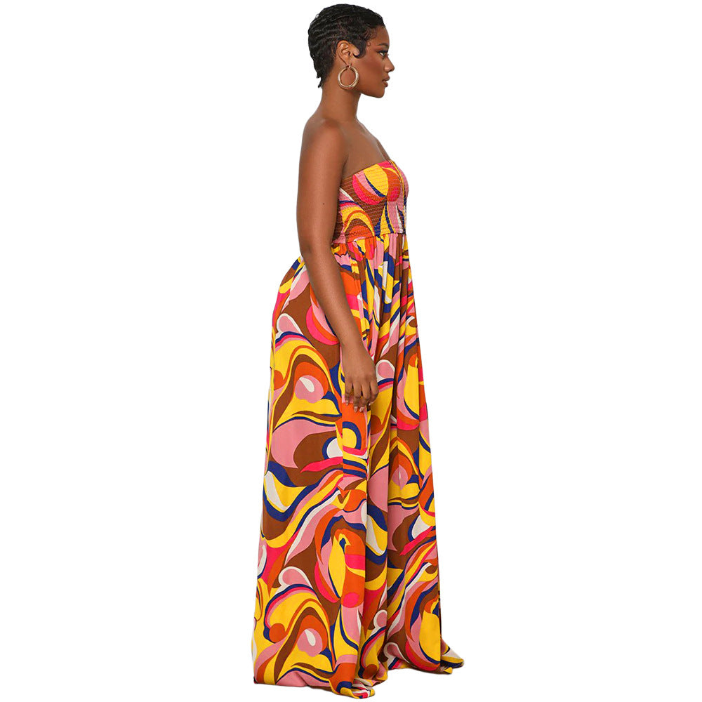 Casual Printed Low Back Strapless Loose Summer High Waist Women's Jumpsuit 5