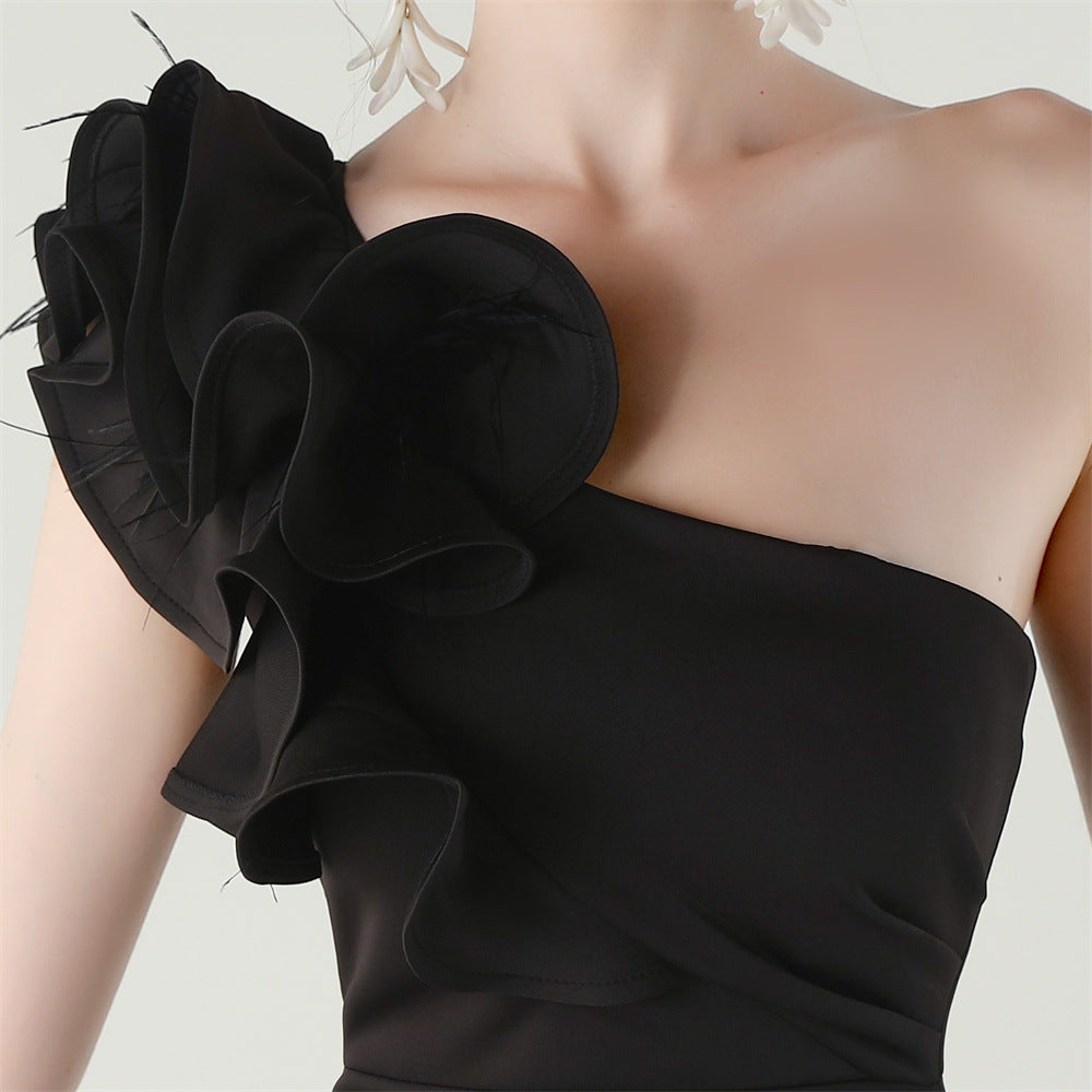 Women One-Shoulder Beaded Wool and Floral Satin Slit Sexy Evening Dress 51