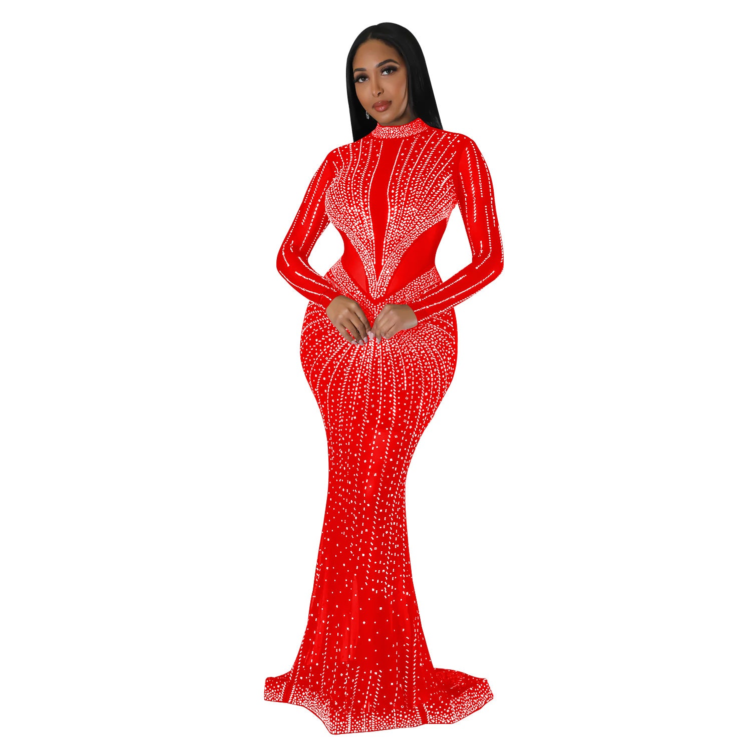 Women's Fashion Solid Color Mesh Beaded Long Sleeve Maxi Dress 13