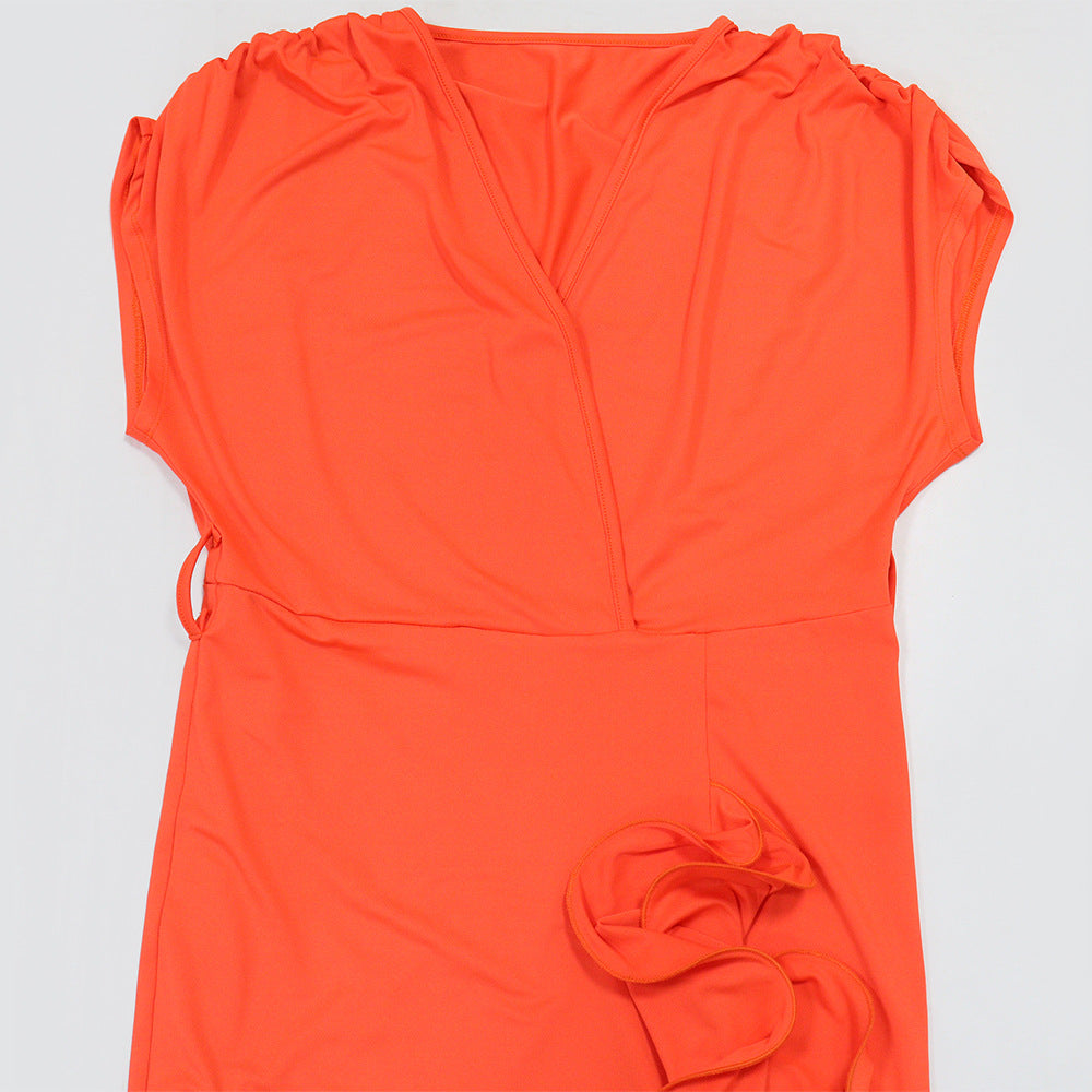 Sexy Deep V-Neck Solid Color Ruffled Asymmetric Belt Dress with Loose Sleeves for Women 8