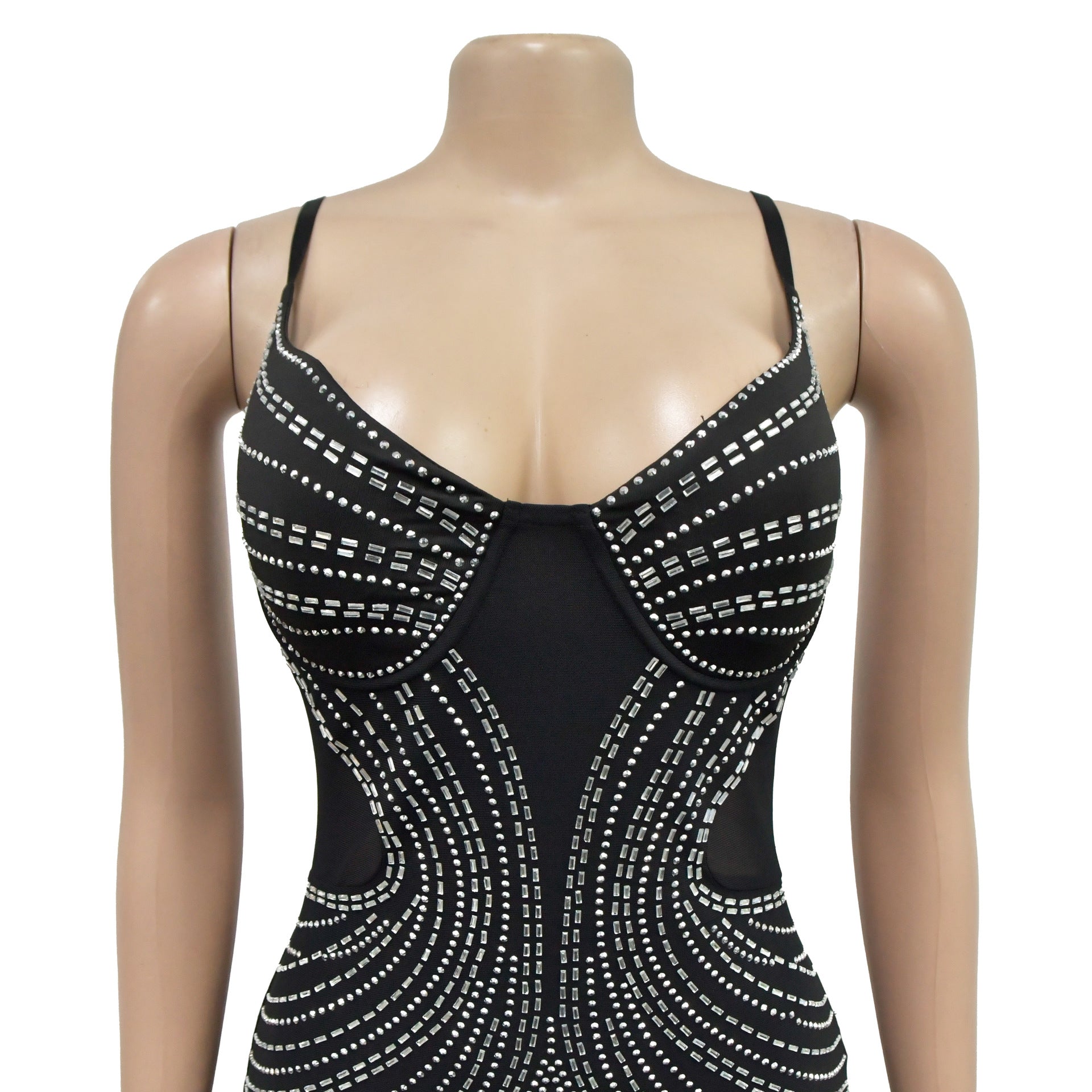 Fashion Women's Solid Color Mesh Beaded Strap Long Dress 14