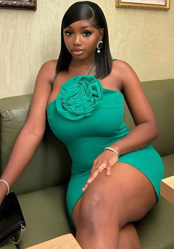 Women Solid Halter Neck Sleeveless Flower Bodycon Dress