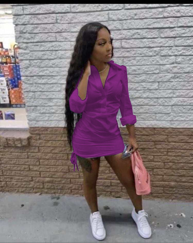 Ladies Solid Deep V Shirt Dress 9