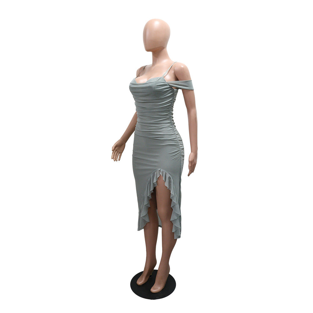 Women Sexy Solid Slip Dress with a Ruffle Slit 13