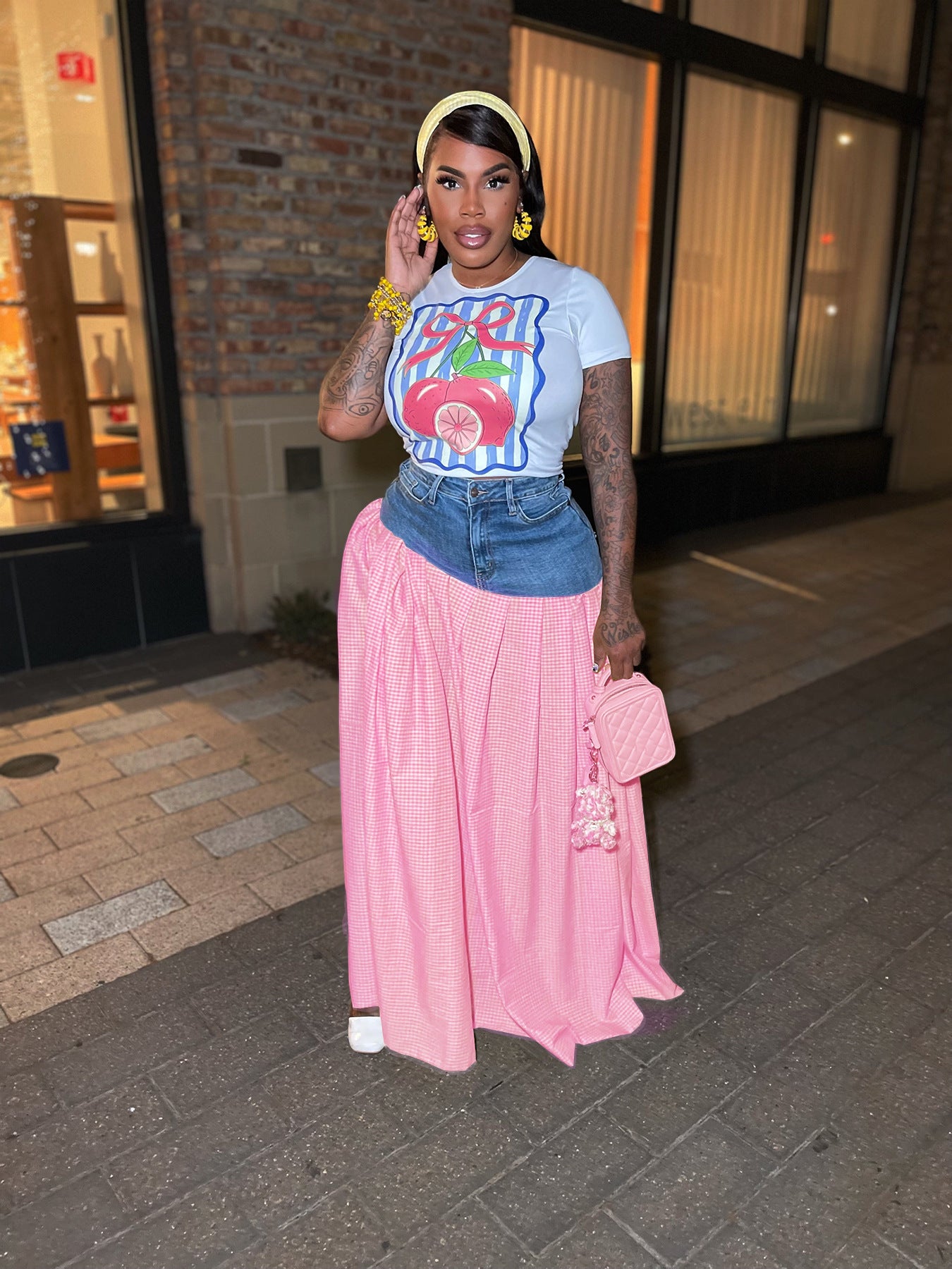 Women Denim Patchwork T-shirt Slit Plaid Skirt Two-piece Set 3