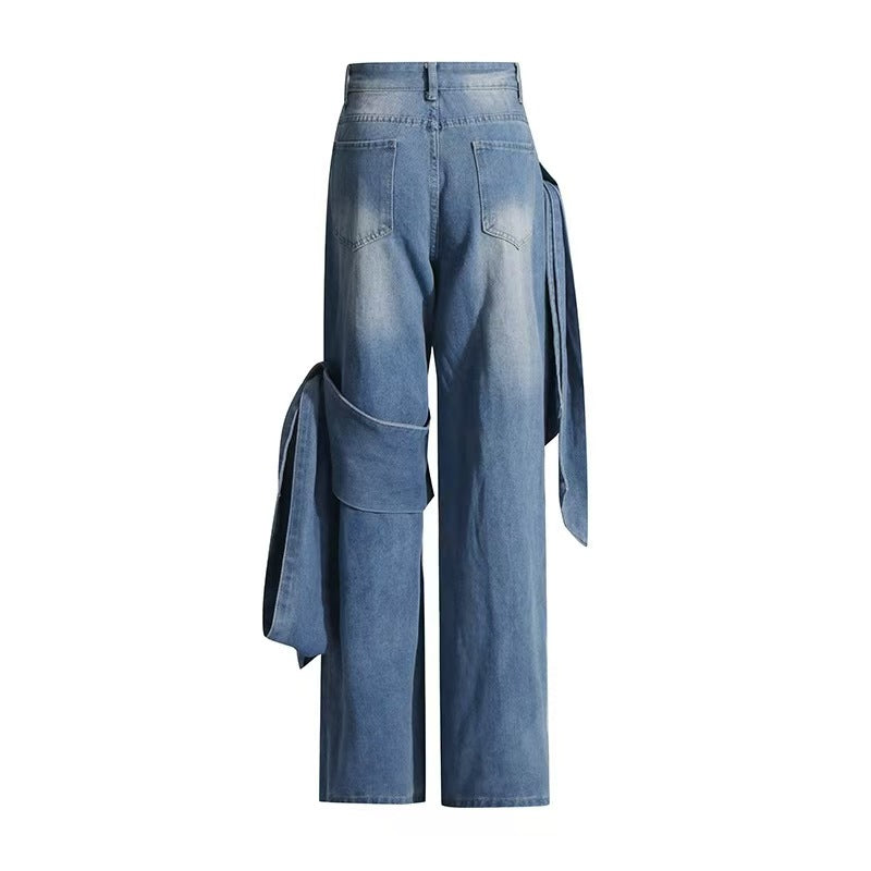 Women Spring Patchwork Bow Denim Wide Leg Pants 9