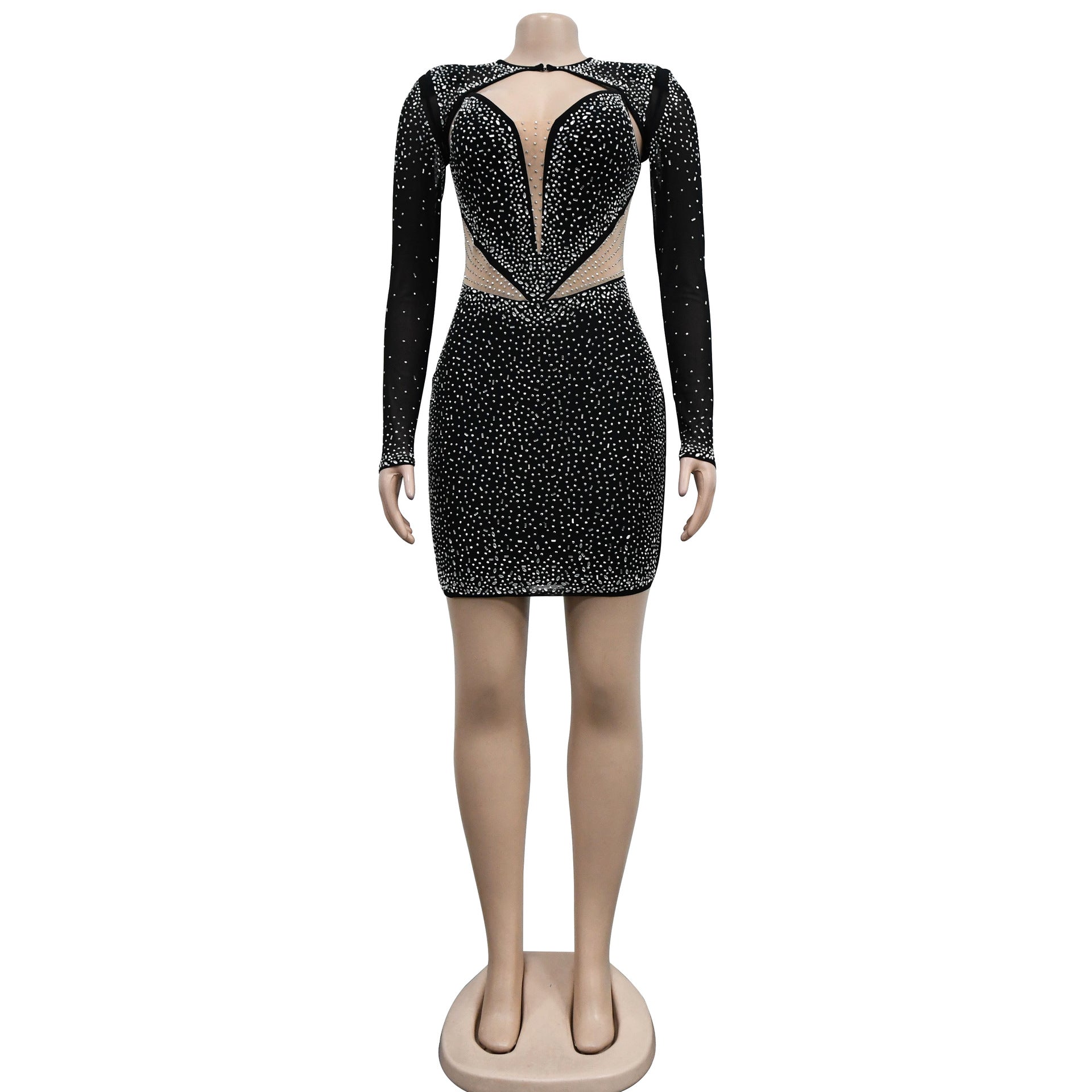 Women's Fashion Solid Color Mesh Beaded Long Sleeve Dress 11