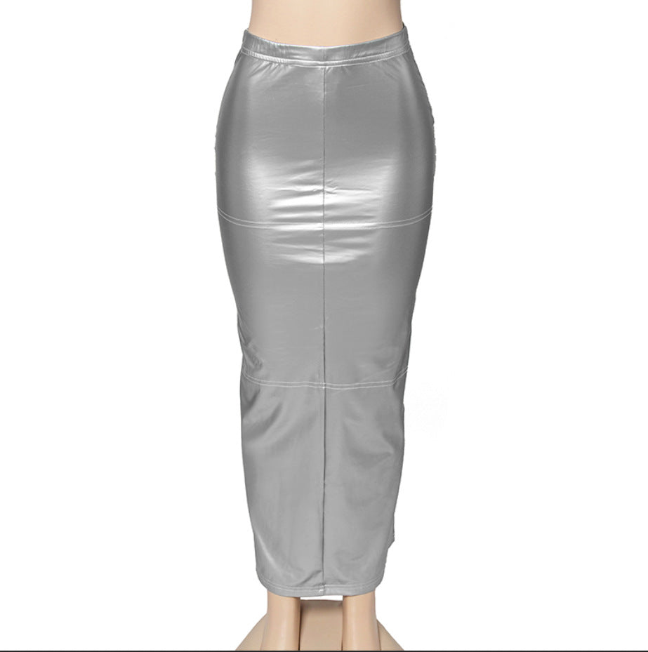 Women Autumn Solid Pu Leather Bodycon Slit Skirt 9