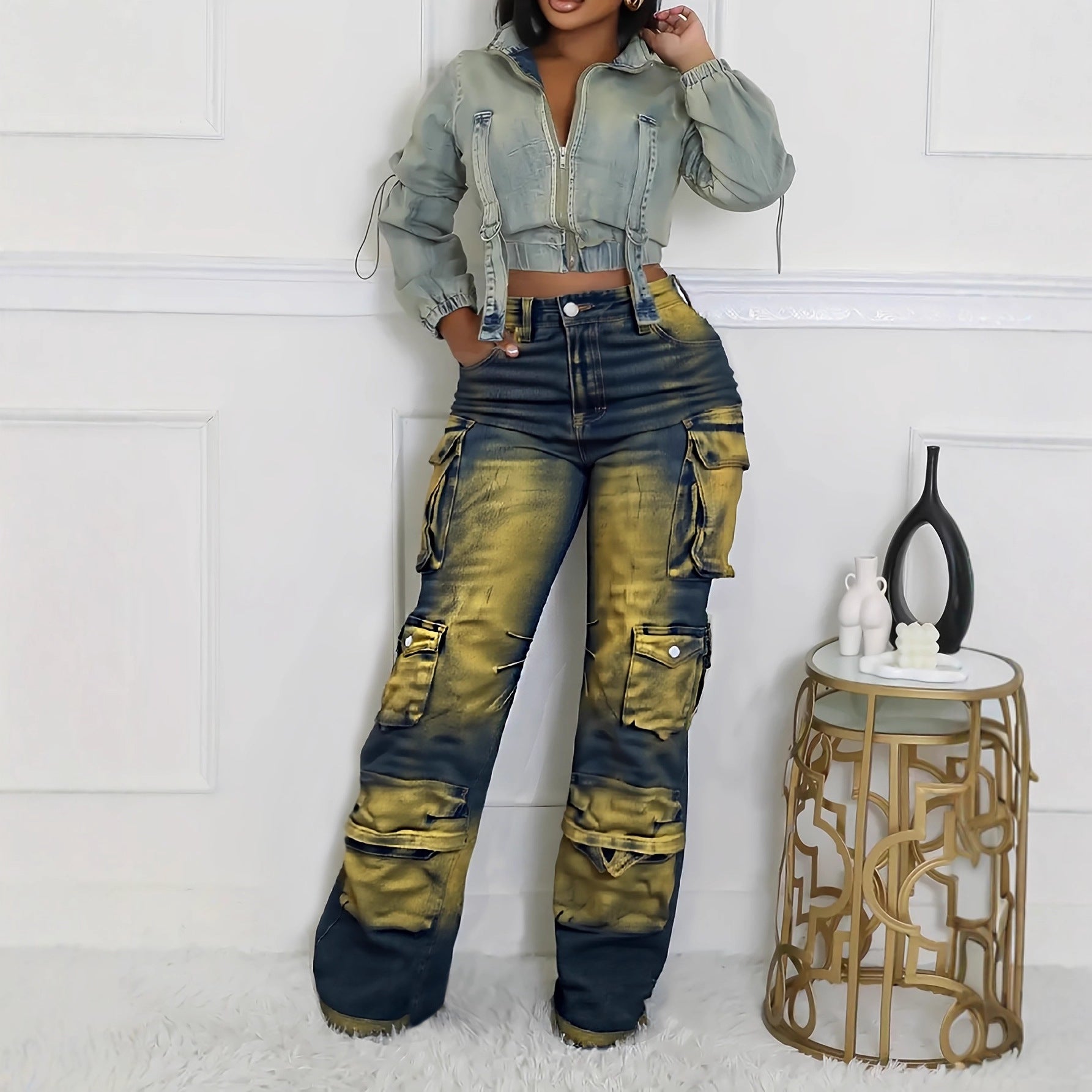 Women American Retro Cargo Tie-Dye Wide-Leg Pants 3