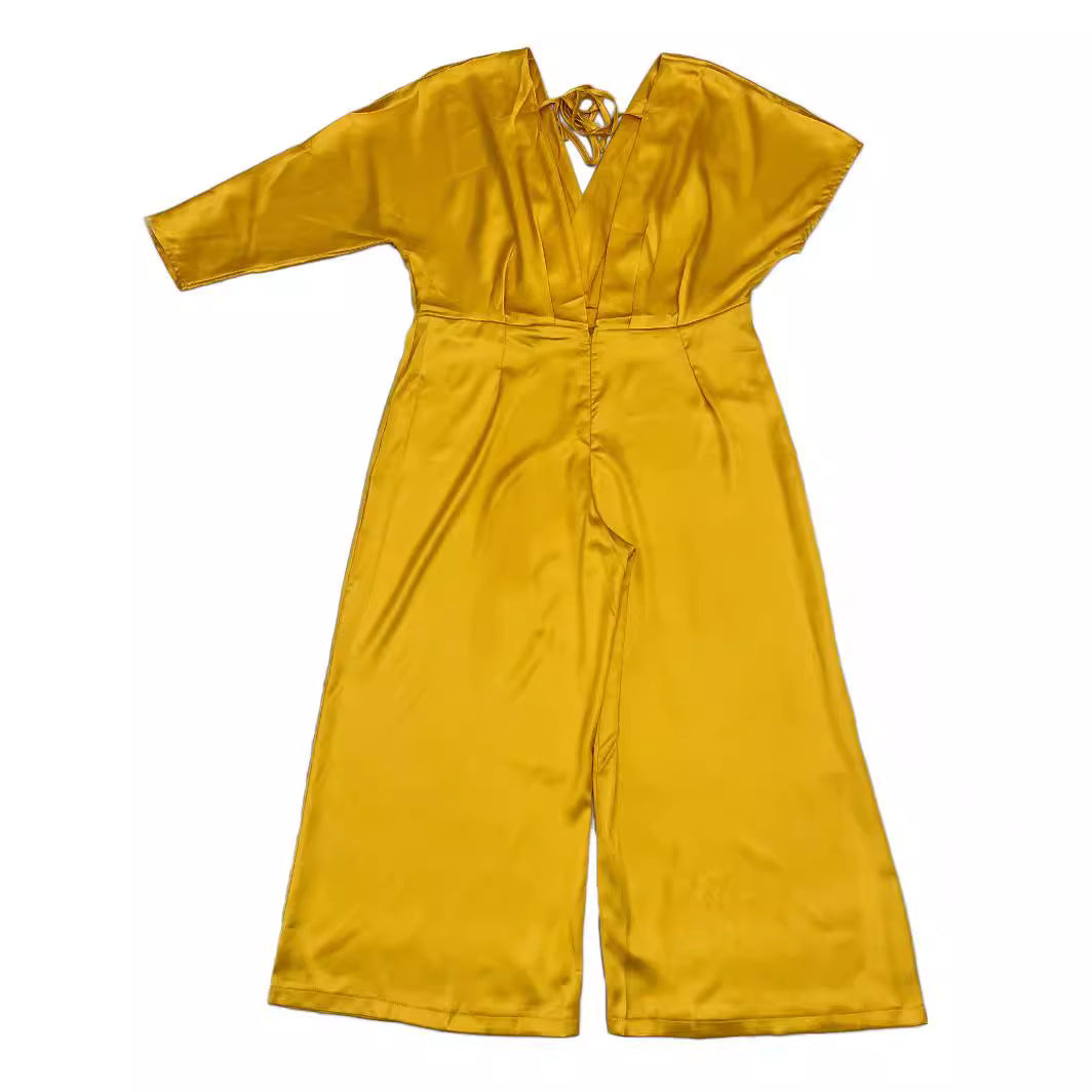 Plus Size Solid Color Satin V-Neck Loose Jumpsuit 5