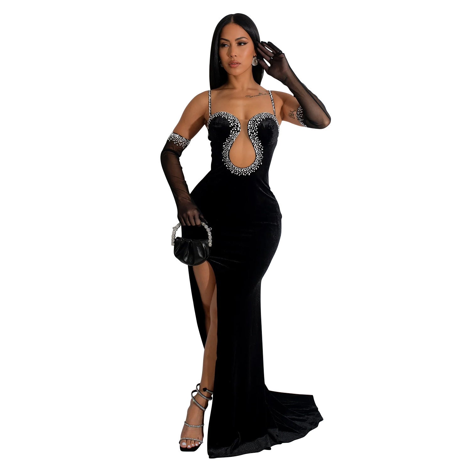 Women Solid Sexy Strapless Beaded Maxi Dress 9