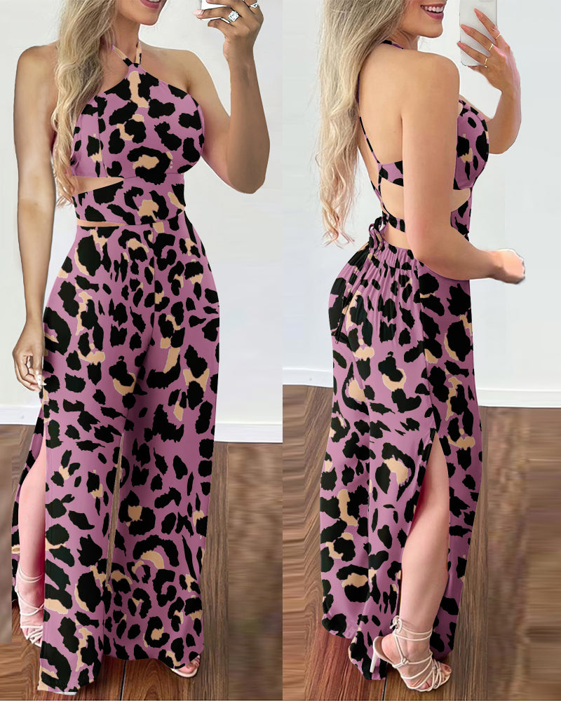 Halter Backless Printed Slit Wide Leg Jumpsuit