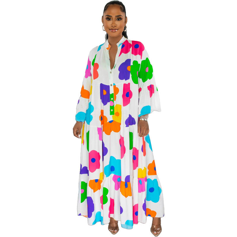 Fashion Painted And Printed V-Neck Long-Sleeved Long Swing Dress Maxi Dress 9