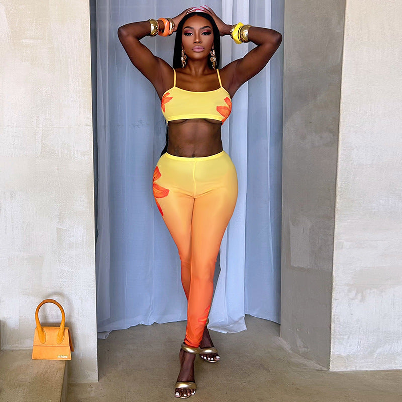 Women Sexy Floral Gradient Printed Camisole Vest Top and Trousers Two-Piece Set 4