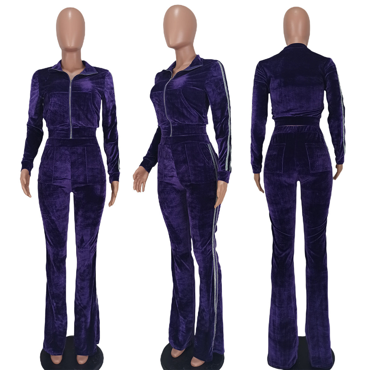 Women's Solid Velvet Casual Zip Top Wide Leg Pants Two Piece Tracksuit 62