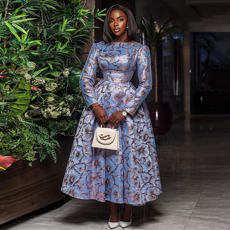 Women Spring Round Neck Long Sleeve Maxi Pleated Dress 6