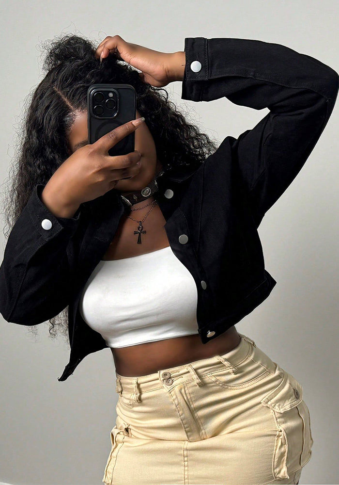 Women's Solid Button Sexy Denim Jacket