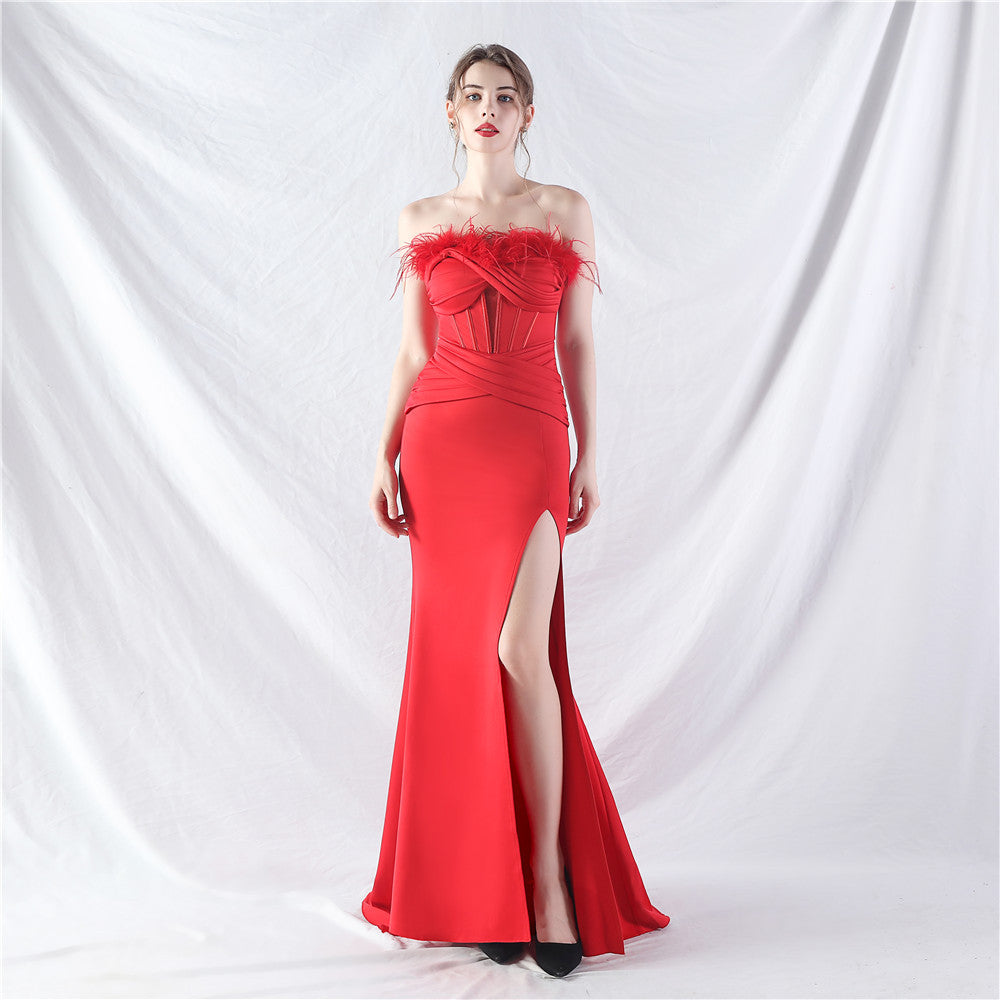 Feather Strapless Herringbone Slim Waist Solid Color Slit Evening Dress 12