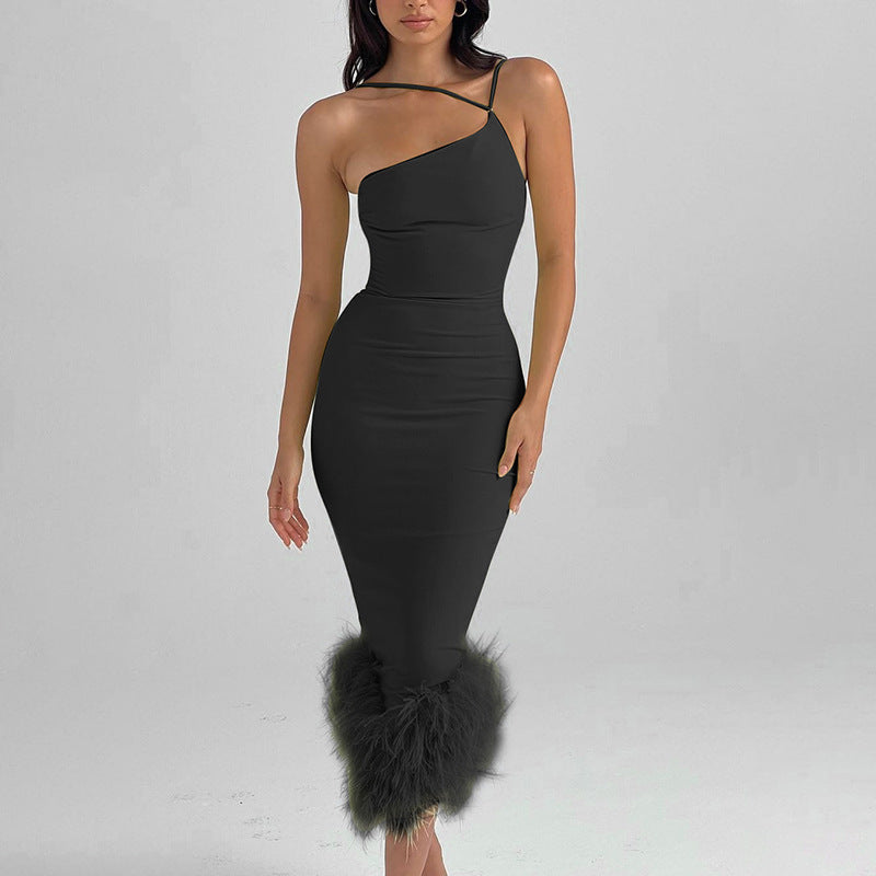 Women Fall One Shoulder Halter Neck with Fake Fur Maxi Dress 7