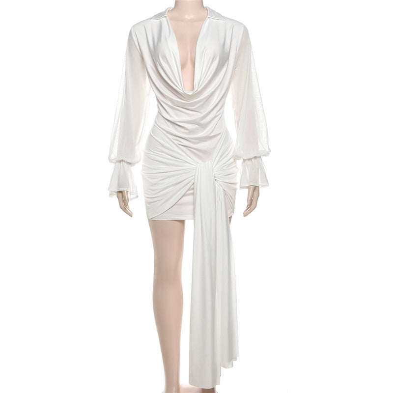 Autumn Women's Fashion Solid Color Chic Sexy Deep V-Neck Long Sleeve Bodycon Dress 6