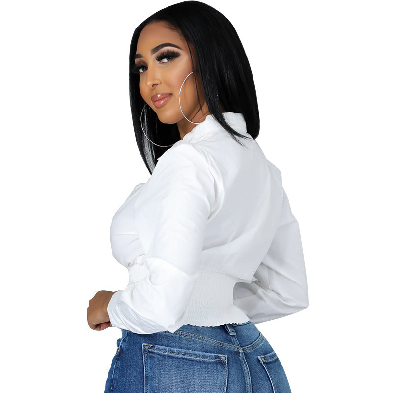 Women French Long Sleeve Casual Solid Turndown Collar Shirt 11